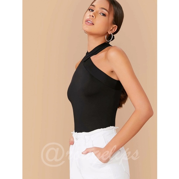 Black Halter Tank Top Criss Cross Slim Fit Stretchy - Picture 4 of 6